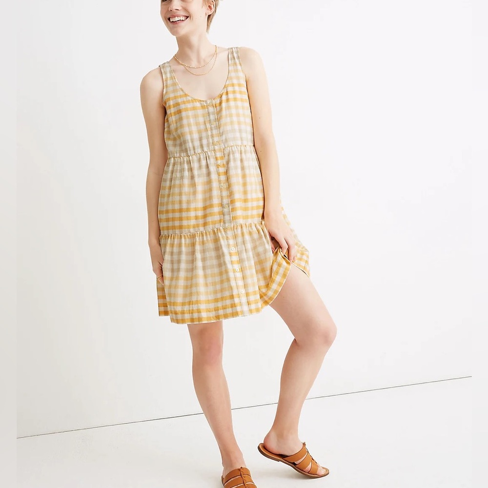 Madewell Yellow Gingham Tiered Mini Dress
